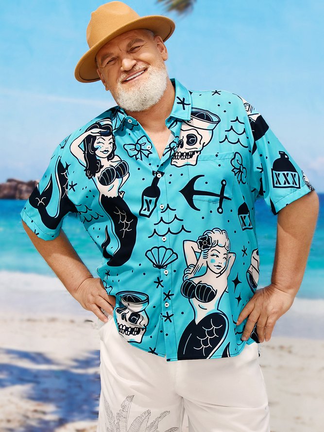 Big Size Mermaid Chest Pocket Short Sleeve Hawaiian Shirt