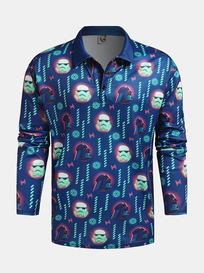 Sci Fi Ombre Robot Button Long Sleeve Casual Polo Shirt