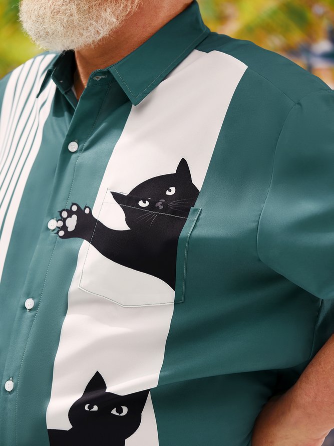 Big Size Cat Chest Pocket Short Sleeve Bowling Shirt