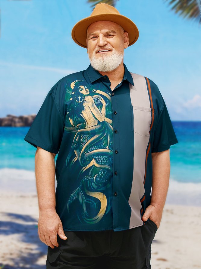 Big Size Mermaid Chest Pocket Short Sleeve Bowling Shirt