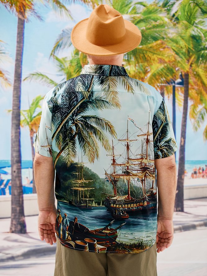 Big Size  Coconut Tree Chest Pocket Short Sleeve Hawaiian Shirt