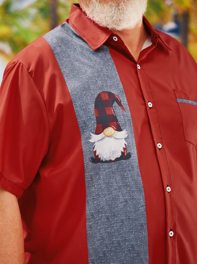 Big Size Christmas Gnome Chest Pocket Short Sleeve Bowling Shirt