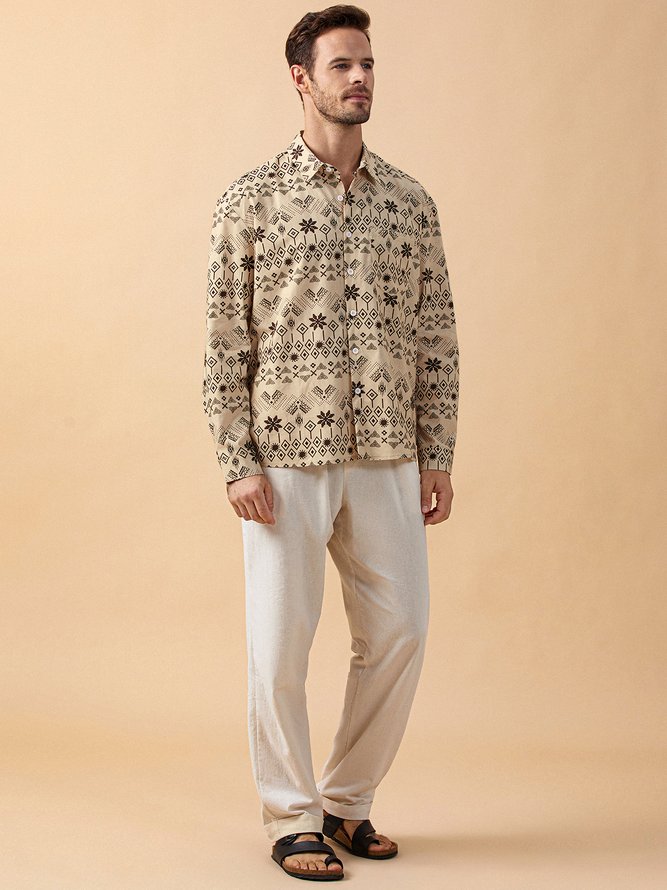 Ethnic Geometric Print Chest Pocket Long Sleeves Casual Shirt