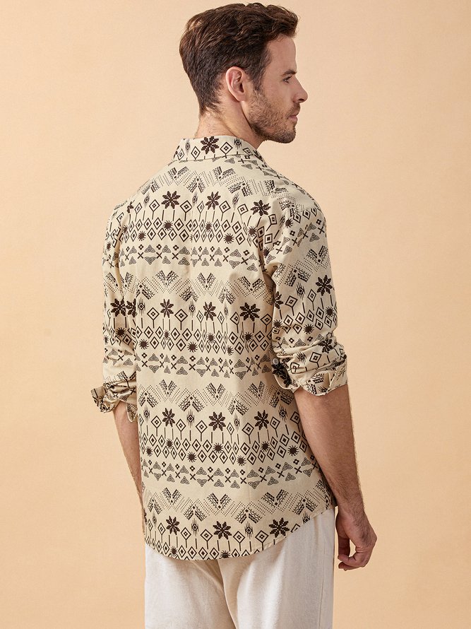 Ethnic Geometric Print Chest Pocket Long Sleeves Casual Shirt