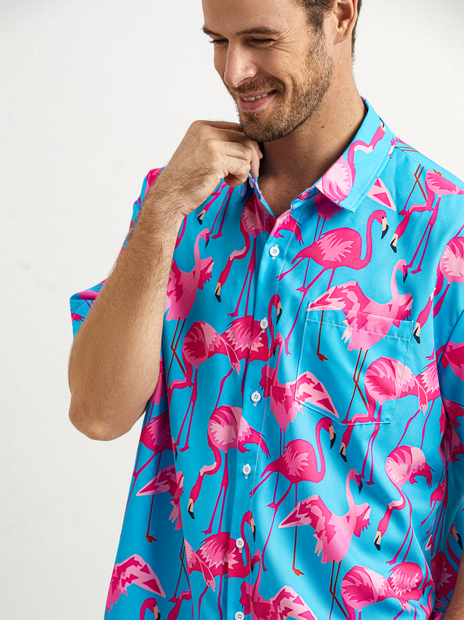 Tropical Animal Flamingo Chest Pocket Short Sleeve Hawaiian Shirt