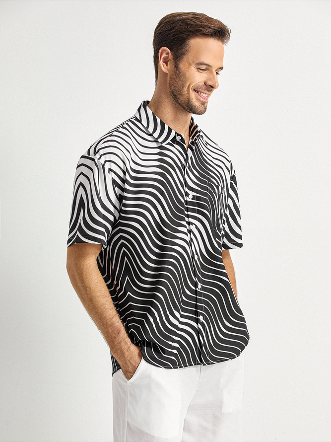 Mona Lisa Line Art Drawing Chest Pocket Short Sleeve Casual Shirt