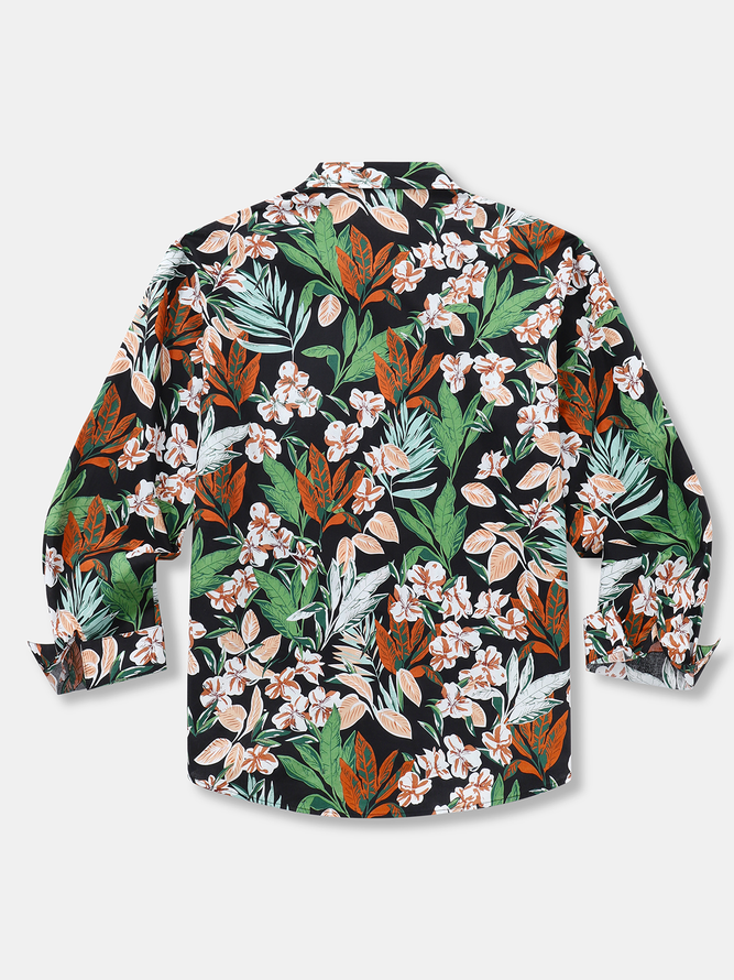 Tropical Floral Chest Pocket Long Sleeve Casual Shirt