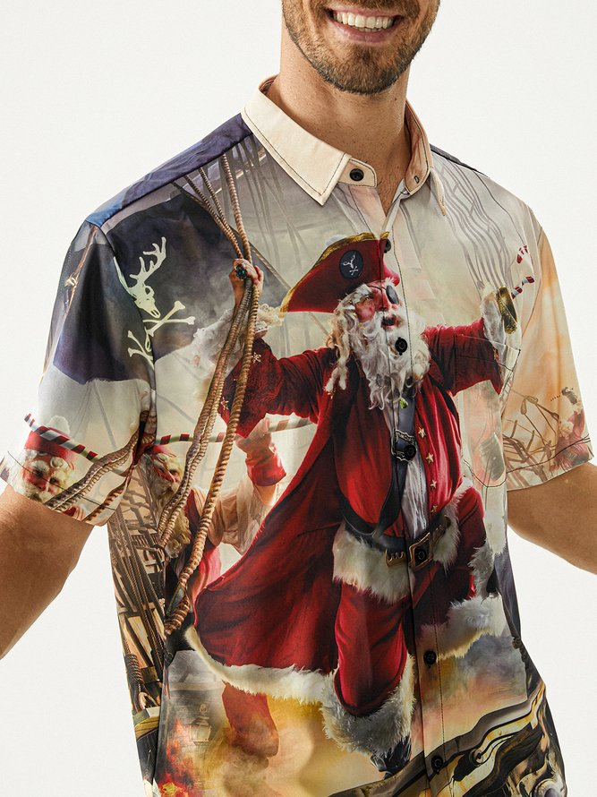 Christmas Pirate Santa Chest Pocket Short Sleeve Hawaiian Shirt