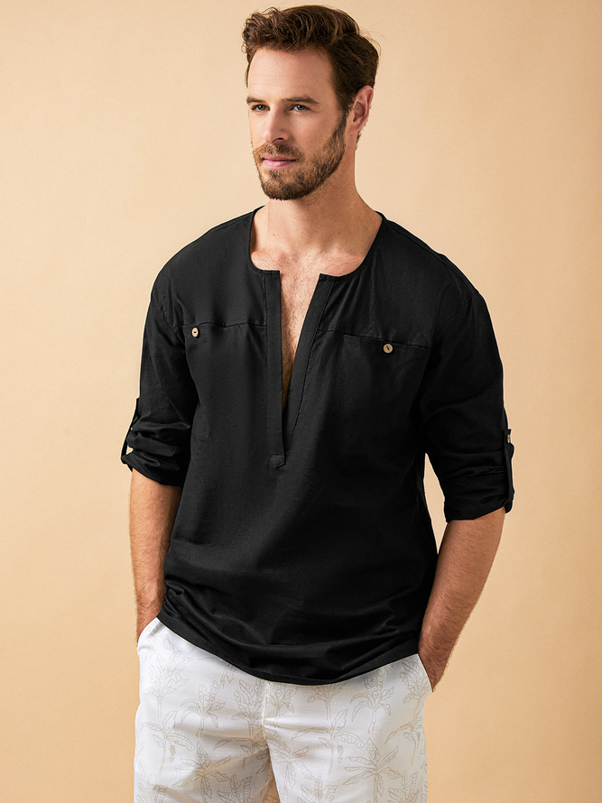 Plain Cotton Chest Pocket Long Sleeve Casual Shirt