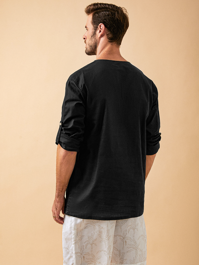 Plain Cotton Chest Pocket Long Sleeve Casual Shirt