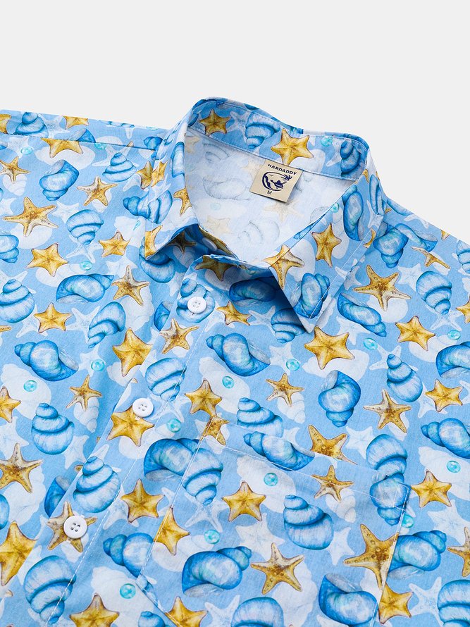 Sea Animal Conch Chest Pocket Short Sleeve Casual Shirt