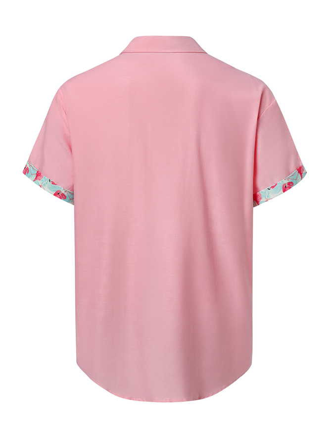 Cotton Contrast Flamingo Short Sleeve Casual Shirt