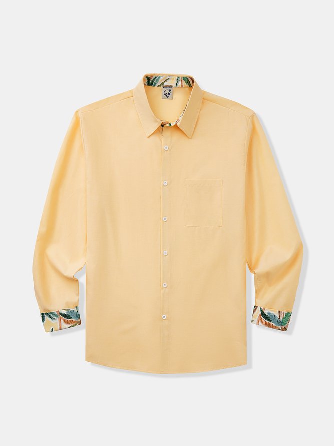 Cotton Plain Panel Coconut Tree Long Sleeve Casual Shirt