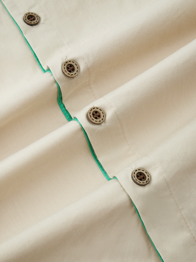 Cotton Plain Panel Stripe Chest Pocket Long Sleeve Casual Shirt