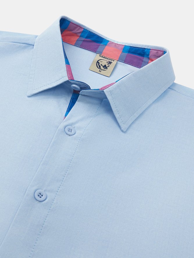 Cotton Plain Paneled Check Long Sleeve Casual Shirt