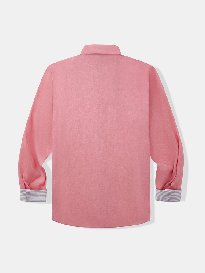 Cotton Plain Panel Stripe Long Sleeves Casual Shirt