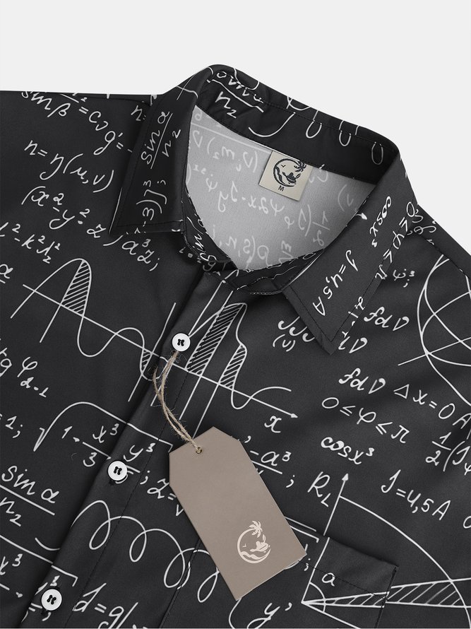 Mens Math Formula Print Front Buttons Soft Breathable Chest Pocket Casual Hawaiian Shirt