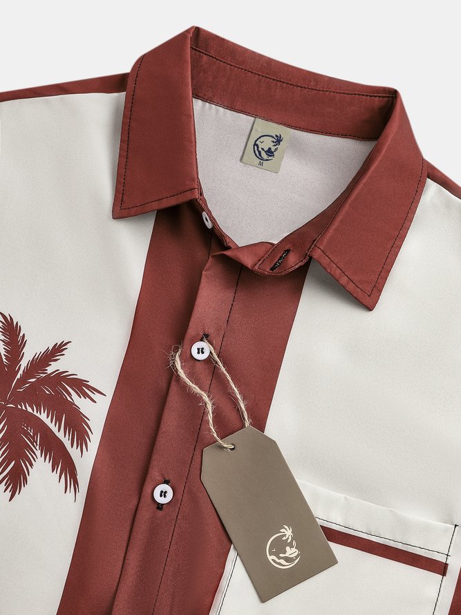 Shirts For Father Mens Retro Coconut Tree Print Lapel Loose Chest Pocket Short Sleeve Funky Bowling Shirt