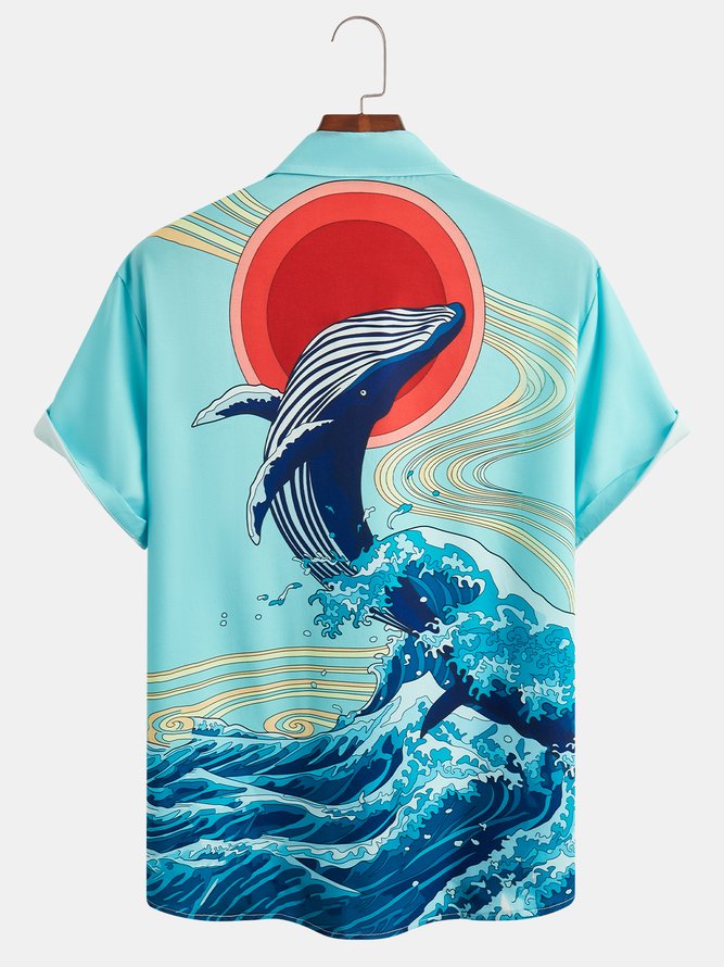 Japanese Ukiyoe Whale Chest Pocket Short Sleeve Hawaiian Shirt