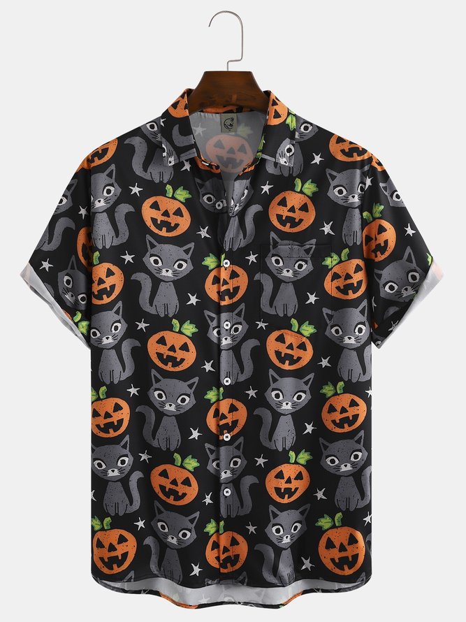 Men's Halloween Cat Print Short Sleeve Hawaiian Shirt with Chest Pocket