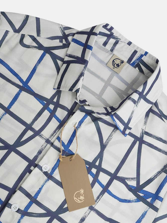 Cotton and linen style American casual basic all-match geometric striped linen shirt