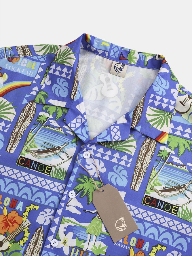 Mens Retro  Hawaiian Wonderland Print Hydrocool Fabric Quick Dry Casual Breathable Short Sleeve Aloha Shirt
