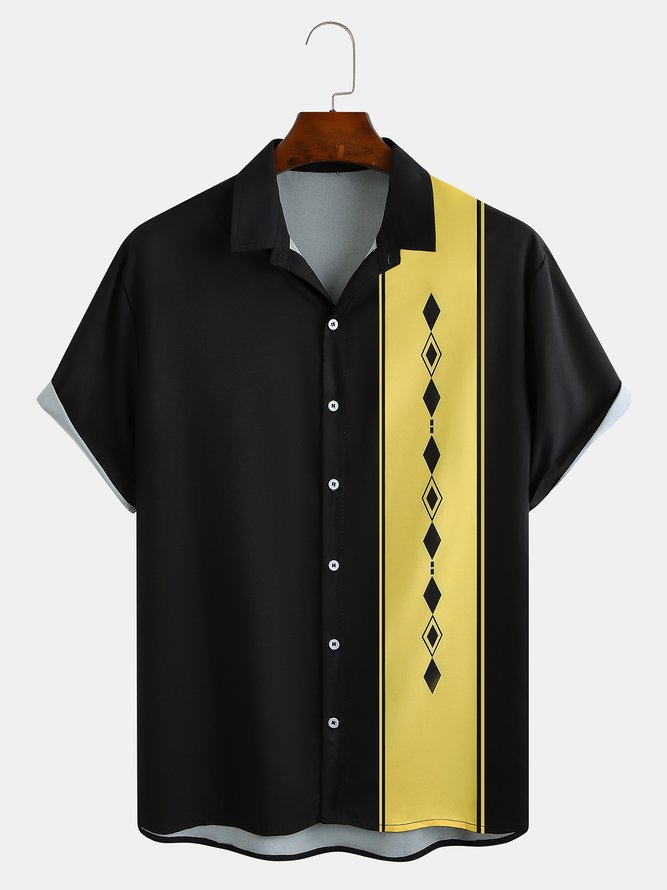Casual Art Collection Geometric Stripe Pattern Lapel Short Sleeve Print Shirt Top