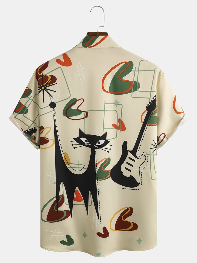 Casual Art Collection Mid-Century Retro Geometric Stripes Color Block Cat Guitar Element Pattern Lapel Short Sleeve Chest Pocket Shirt Print
