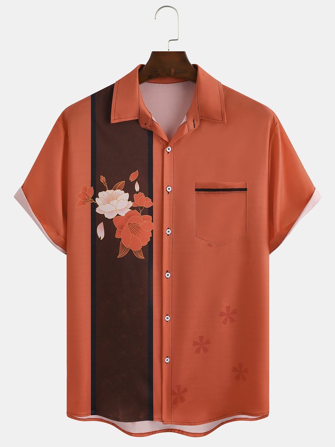 Vintage Floral Graphic Men's Casual Chest Pocket Short Sleeve Shirt