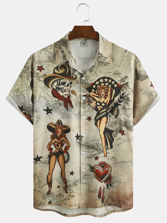 Men's Hawaiian Vintage Girl Print Casual Short Sleeve Hawaiian Shirt