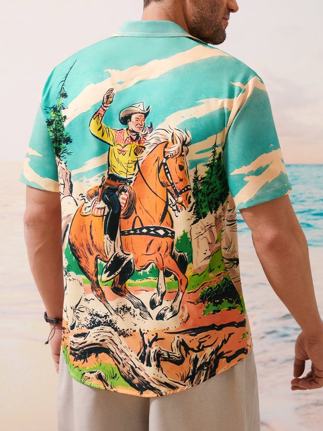 Men's Retro Western Cowboy Pocket Equestrian Casual Loose Comics Print