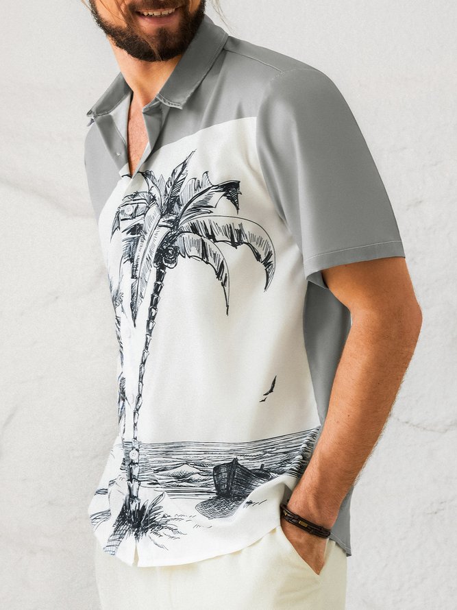 Mens Coconut Print Lapel Loose Short Sleeve Trendy Hawaiian Shirt