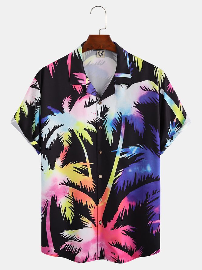 Mens Hawaiian Coconut Trees Print Lapel Loose Short Sleeve Funky Aloha Shirts