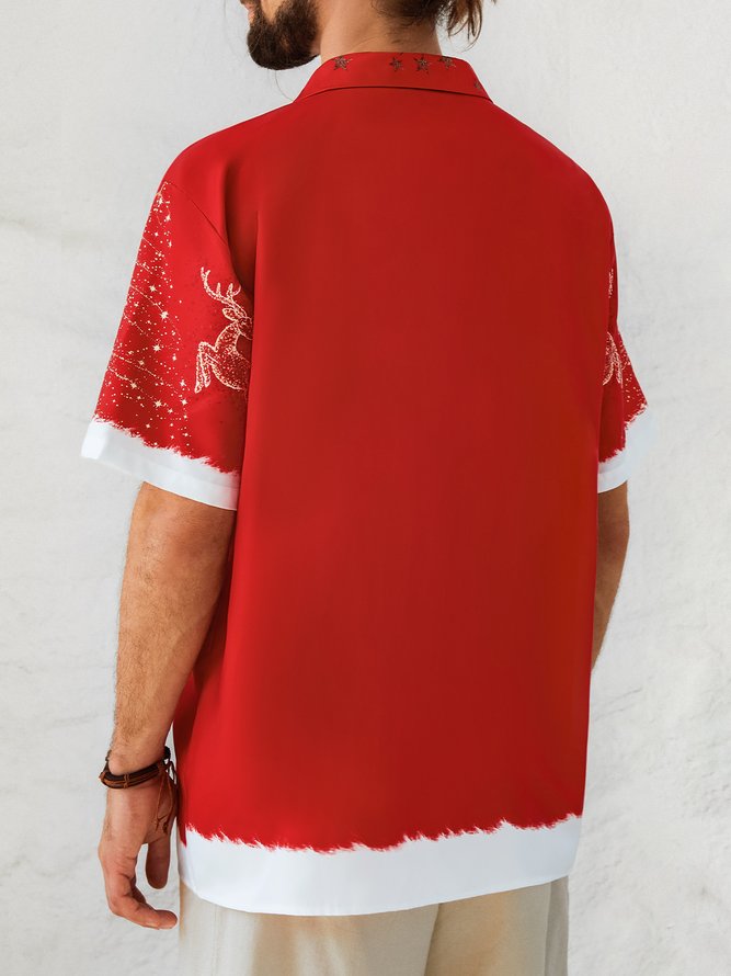 Men's New Santa Outfit Print Casual Breathable Hawaiian Short Sleeve Shirt