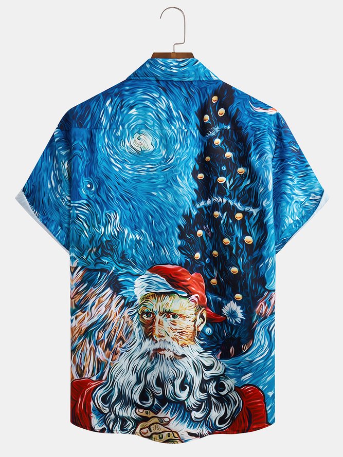 Christmas Van Gogh Starry Night Chest Pocket Short Sleeve Casual Shirt