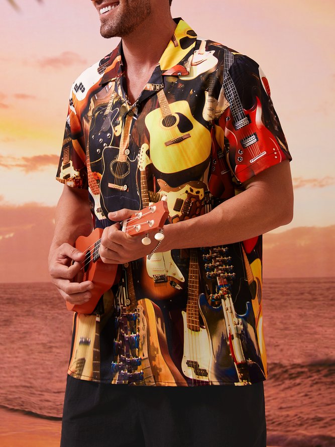 Mens Guitar Print Casual Breathable Short Sleeve Hawaiian Shirt
