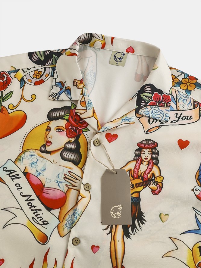 Mens Hula Girl Print Front Buttons Soft Breathable Loose Casual Hawaiian Shirts