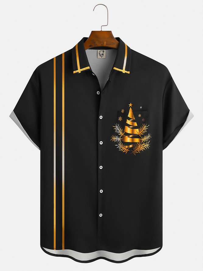 Men's Vintage Gold Christmas Tree Print Fashion Hawaiian Short Sleeve Shirt