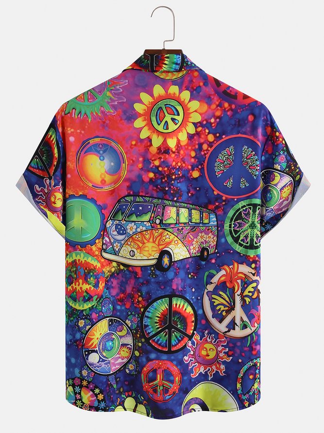 Mens Hippies Peace&Love Print Front Buttons Soft Breathable Chest Pocket Casual Hawaiian Shirt