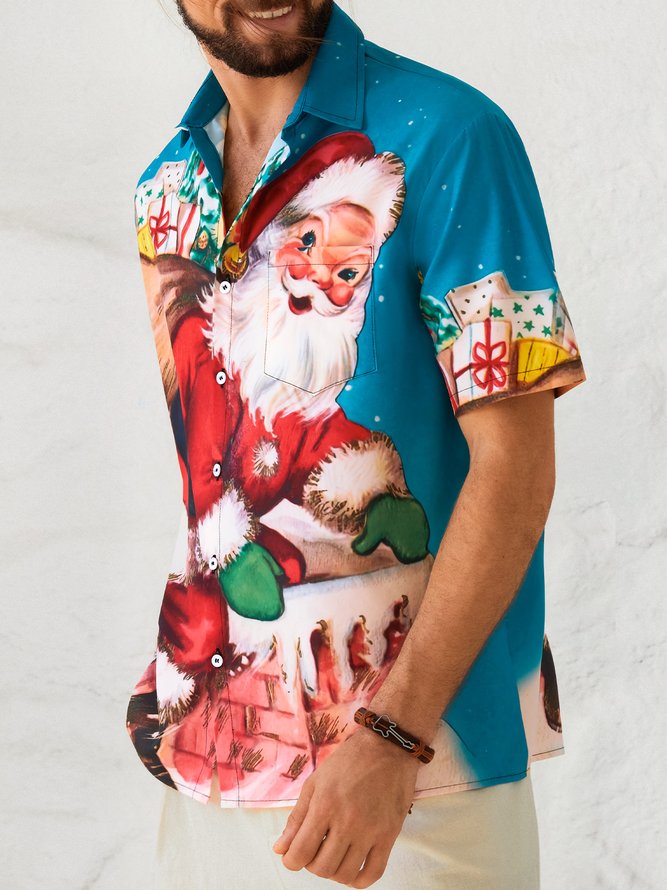 Mens Retro Christmas Santa Print Front Buttons Soft Breathable Chest Pocket Casual Hawaiian Shirts