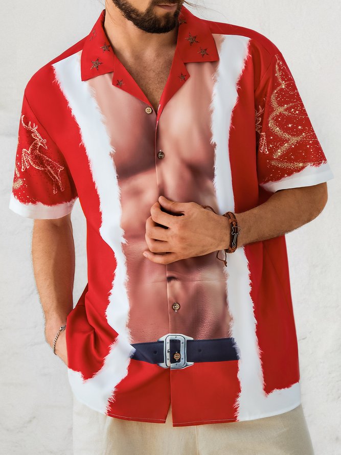 Men's New Santa Outfit Print Casual Breathable Hawaiian Short Sleeve Shirt