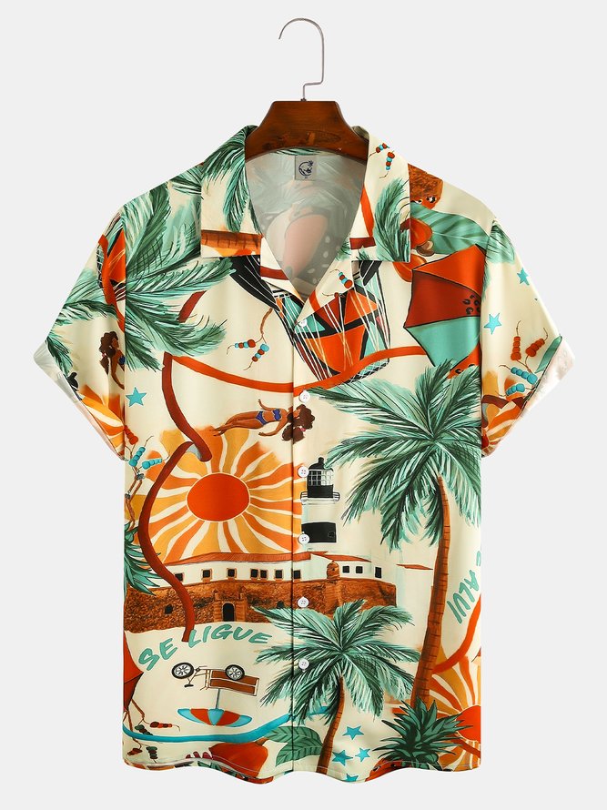 Men's Botanical Print Casual Moisture Absorbent Breathable Fabric Hawaiian Short Sleeve Shirt