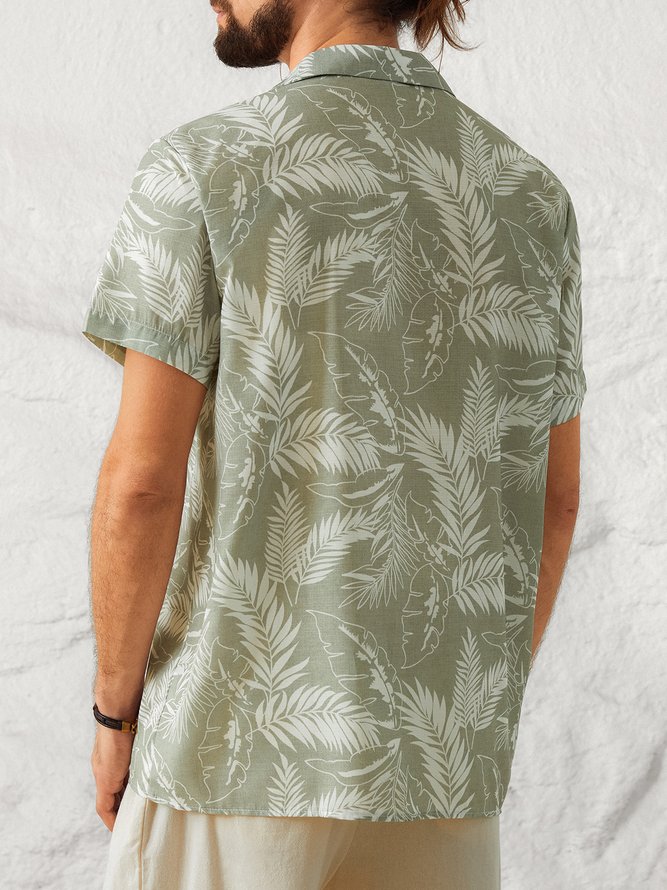 Men's Plain Cotton Linen Palm Leaf Loose Short Sleeve Shirt