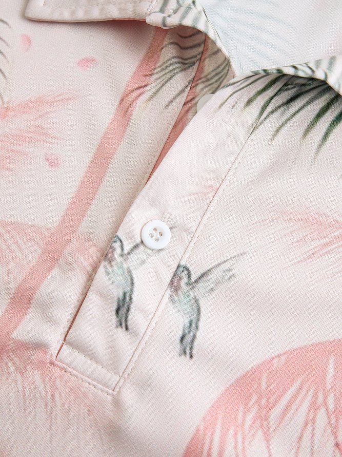 Resort-style Hawaiian Coconut Flamingo Element Lapel Short Sleeve Polo Print Top