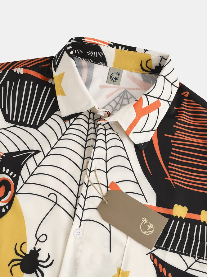 Men's Halloween Owl Print Short Sleeve Hawaiian Shirt with Chest Pocket