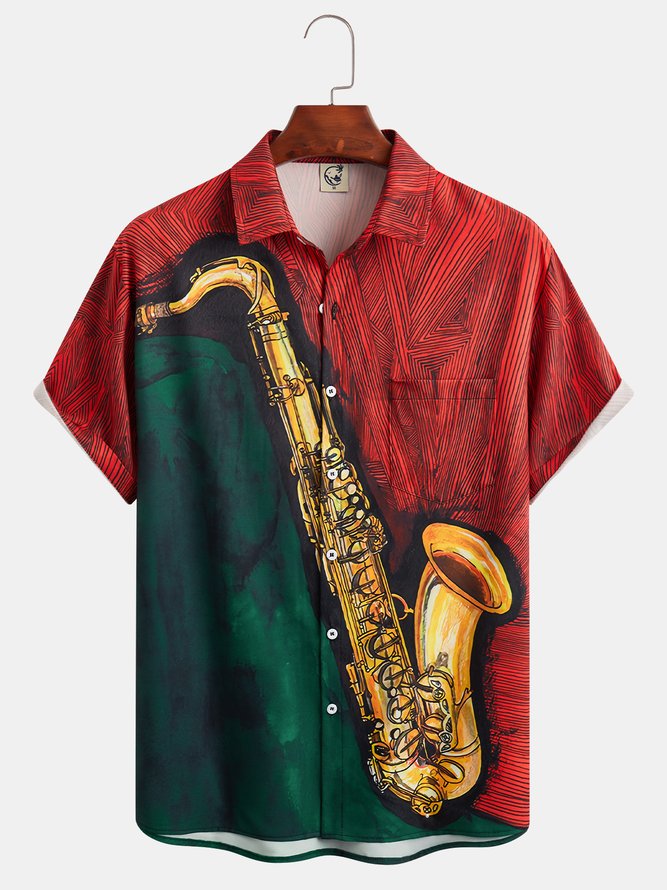 Saxophone Chest Pocket Short Sleeve Shirt