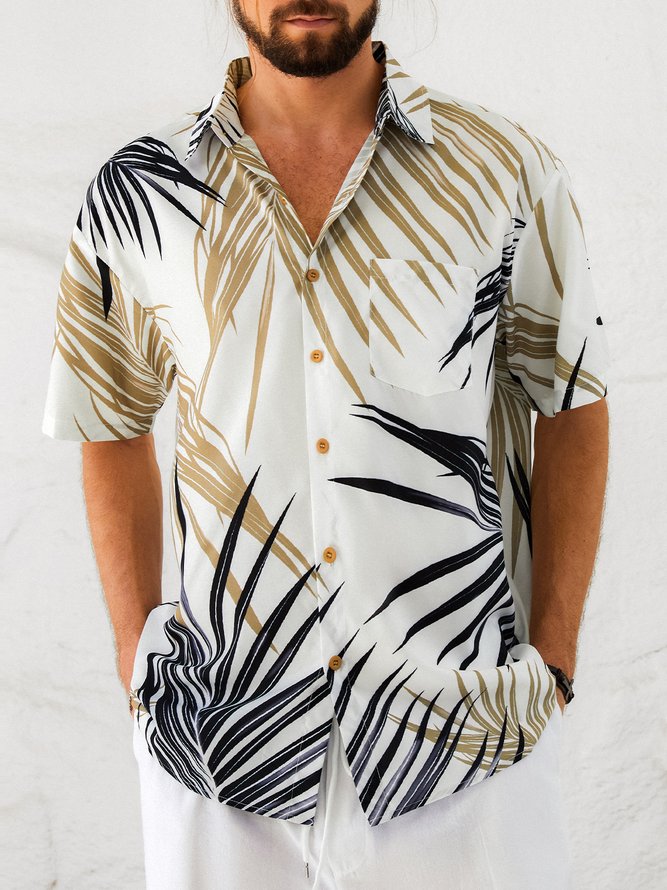 Men's Leaf Print Moisture Wicking Fabric Trendy Lapel Short Sleeve Shirt
