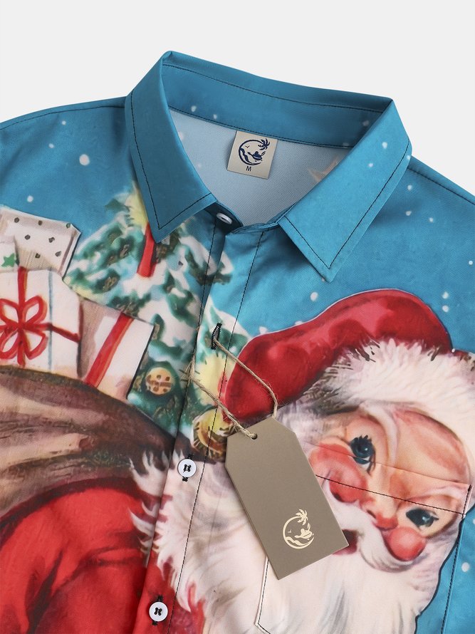 Mens Retro Christmas Santa Print Front Buttons Soft Breathable Chest Pocket Casual Hawaiian Shirts