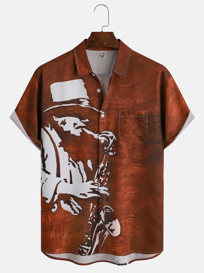 Men's Music Print Casual Short Sleeve Hawaiian Shirt with Chest Pocket