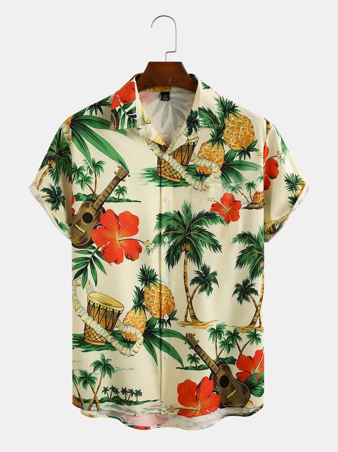 Men's Vintage Coconut Tree Guitar Print Casual Breathable Hawaiian Short Sleeve Shirt